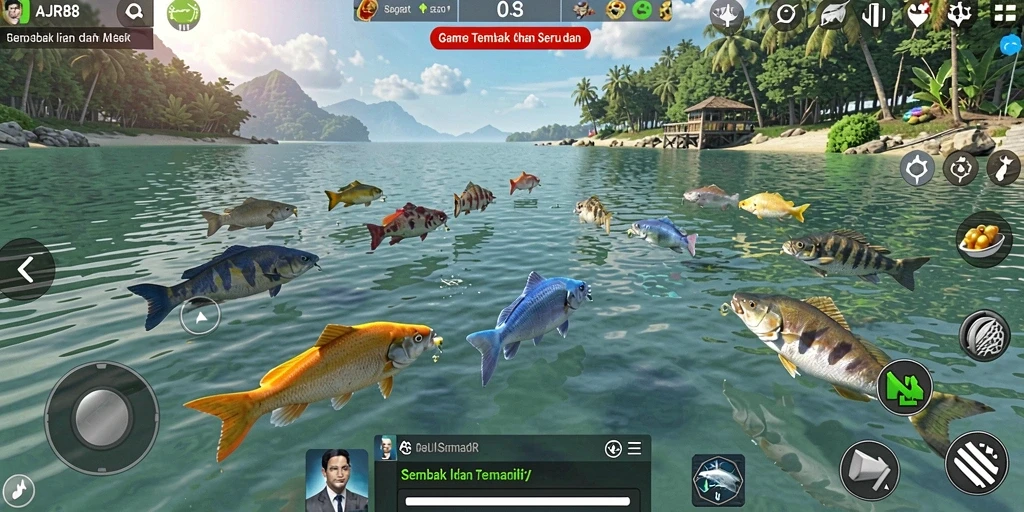 Screenshot gameplay menampilkan serunya menangkap ikan di AJR88.