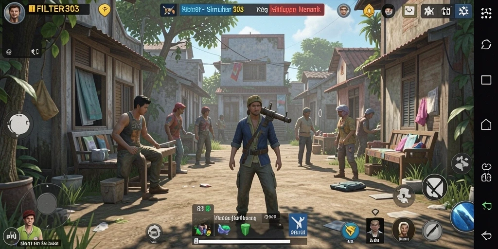 Screenshot gameplay FILTER303 menampilkan karakter berinteraksi di lingkungan virtual.