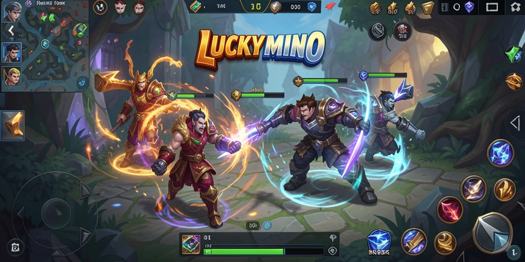 Tampilan gameplay LUCKYMINO dengan aksi seru di arena.
