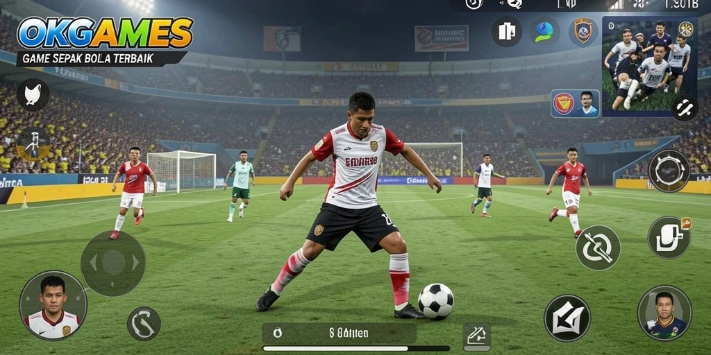 Tampilan menarik dari gameplay sepak bola di OKGAMES.