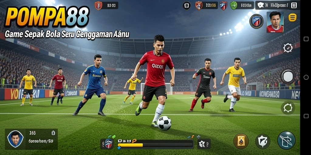 Screenshot utama POMPA88 menunjukkan aksi seru di lapangan sepak bola.
