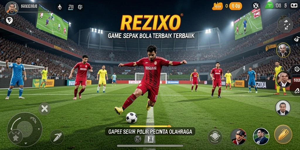 Screenshot utama gameplay REZIXO menampilkan aksi seru sepak bola.