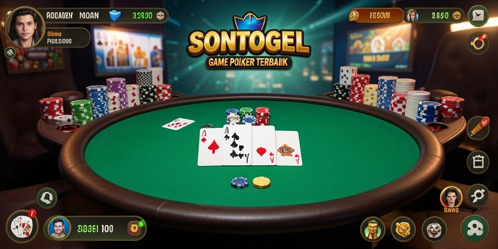 Screenshot utama SONTOGEL menampilkan gameplay Poker yang seru dan kompetitif.