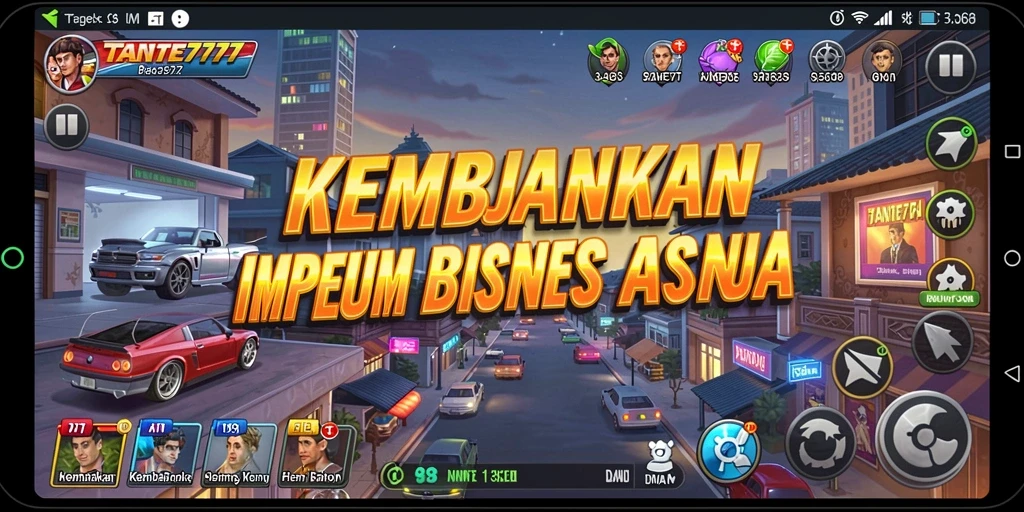 Tampilan gameplay TANTE777 yang menampilkan pembangunan bisnis.